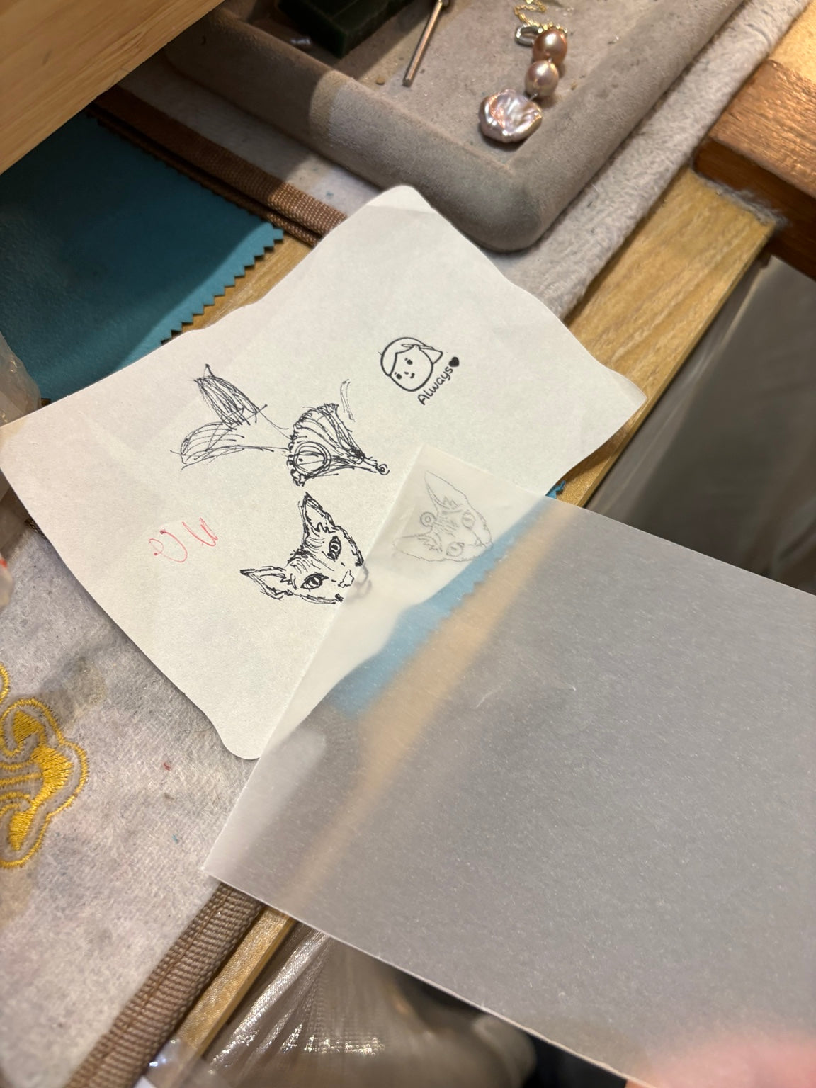 Original cat portrait sketches for the custom pet pendant